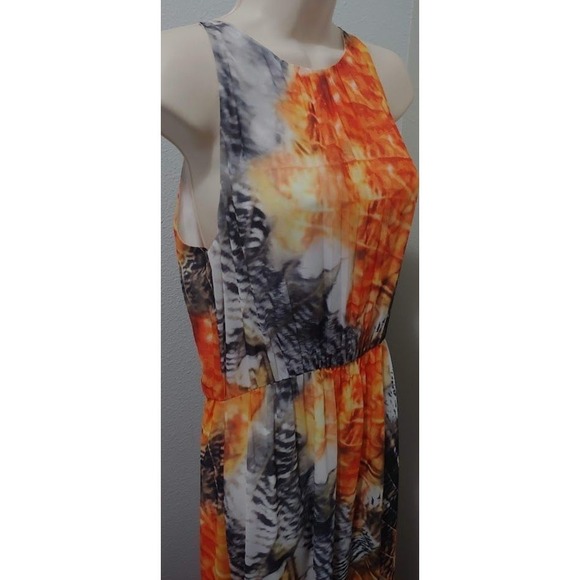 H&M Women's Maxi Dress 6 Orange Gray Feather Print Sleeveless Long Summer Gown - Picture 3 of 10